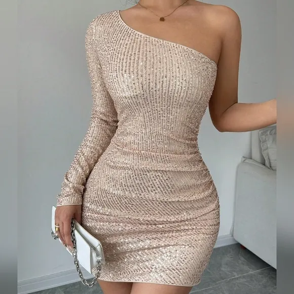 Women's Sexy &amp; Elegant Shoulder Revealing Sequin Decor Bodycon Dress