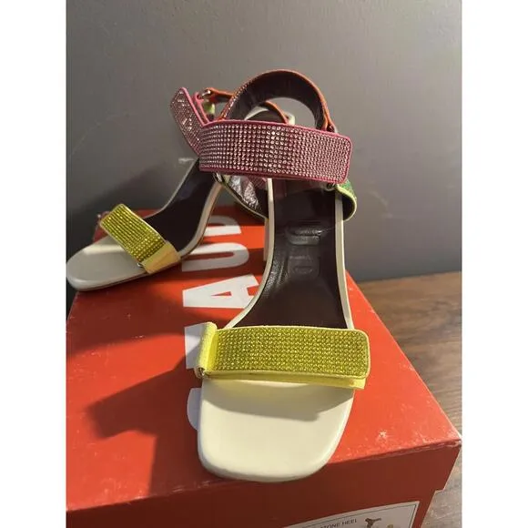 WOMEN'S STAUD Betty Rhinestone-Embellished Leather Heel Sandals 37.5 US 7.5 $450