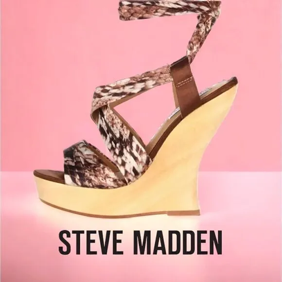 Women’s Steve Madden Quinn Tie Up Wedge Size 10 Brown Tan Silk