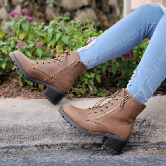 Women's Tan Combat Ankle Lace Up Heeled Ankle Boots