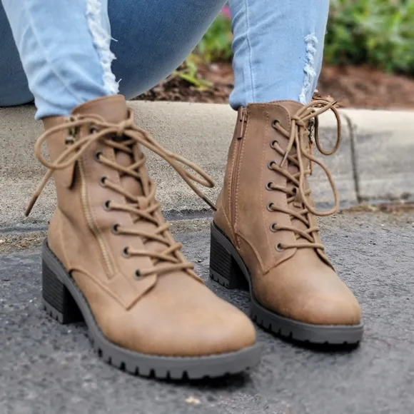 Women's Tan Combat Ankle Lace Up Heeled Ankle Boots