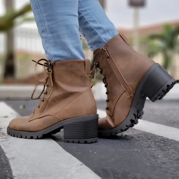 Women's Tan Combat Ankle Lace Up Heeled Ankle Boots