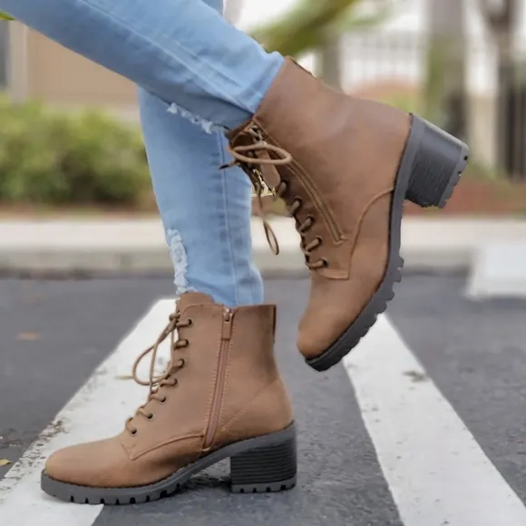 Women's Tan Combat Ankle Lace Up Heeled Ankle Boots