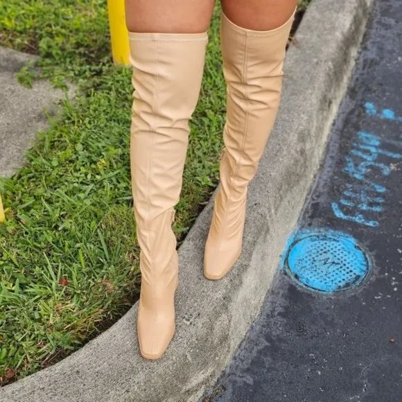 Women's‎ Thigh High Over the Knee Boots Chunky Heel Nude Color