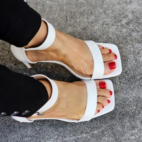 Women's White Ankle Strap Block Heel Dress Sandals