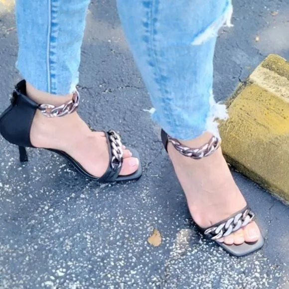 Womens Black Ankle Strap Heels Chains Stiletto Sandals