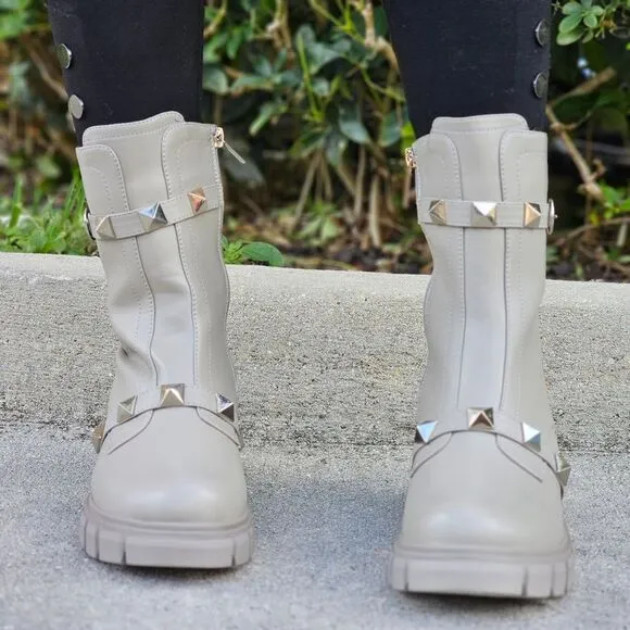 Women's Grey Pyramid Stud Ankle Combat Boot