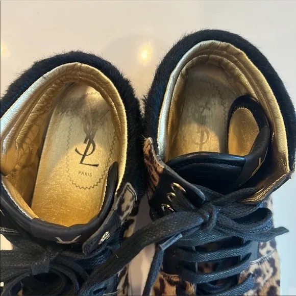 YSL SAINT LAURENT Black Leopard Calf Hair Malibu High Top Sneakers Shoes