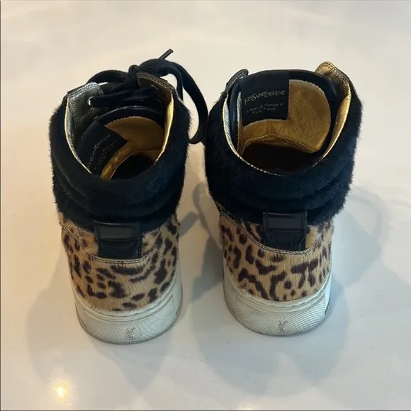 YSL SAINT LAURENT Black Leopard Calf Hair Malibu High Top Sneakers Shoes