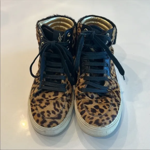 YSL SAINT LAURENT Black Leopard Calf Hair Malibu High Top Sneakers Shoes