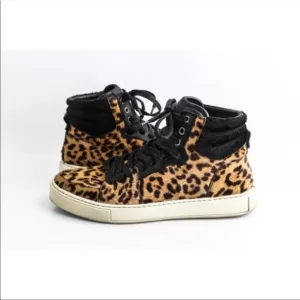 YSL SAINT LAURENT Black Leopard Calf Hair Malibu High Top Sneakers Shoes