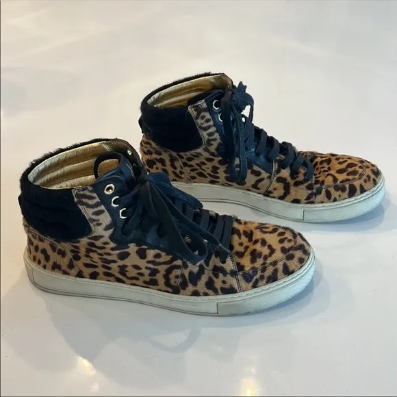 YSL SAINT LAURENT Black Leopard Calf Hair Malibu High Top Sneakers Shoes