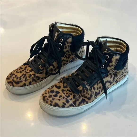 YSL SAINT LAURENT Black Leopard Calf Hair Malibu High Top Sneakers Shoes