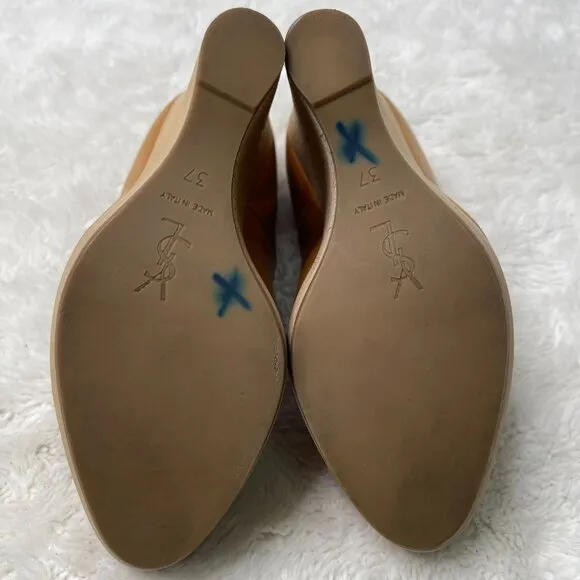 YSL Saint Laurent Women's Brown Tan Maryna Wedge Heel Pumps Shoes Size 37