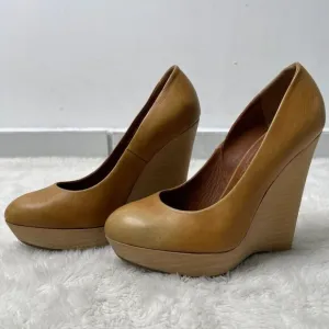 YSL Saint Laurent Women's Brown Tan Maryna Wedge Heel Pumps Shoes Size 37