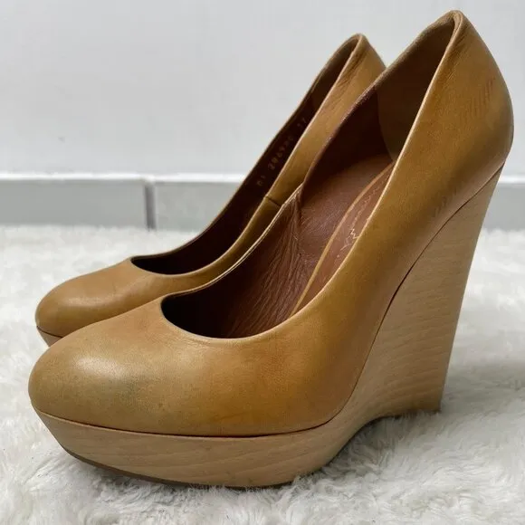 YSL Saint Laurent Women's Brown Tan Maryna Wedge Heel Pumps Shoes Size 37
