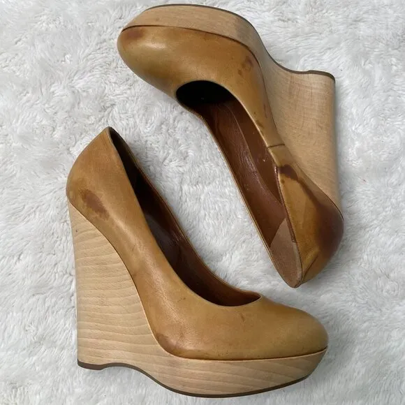 YSL Saint Laurent Women's Brown Tan Maryna Wedge Heel Pumps Shoes Size 37
