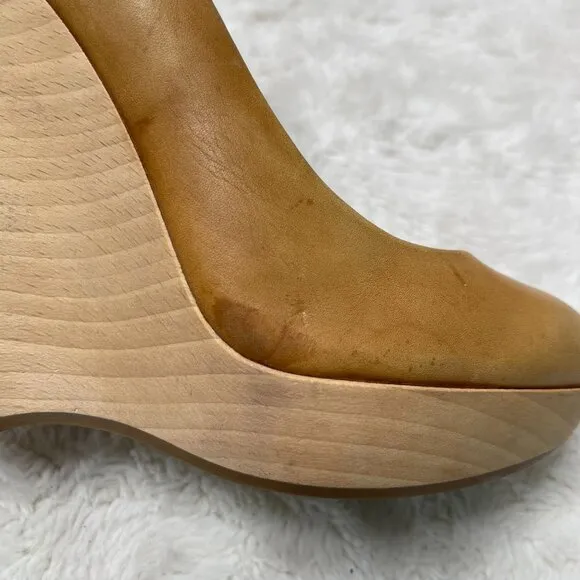 YSL Saint Laurent Women's Brown Tan Maryna Wedge Heel Pumps Shoes Size 37
