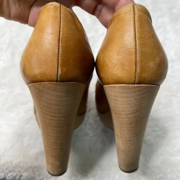 YSL Saint Laurent Women's Brown Tan Maryna Wedge Heel Pumps Shoes Size 37