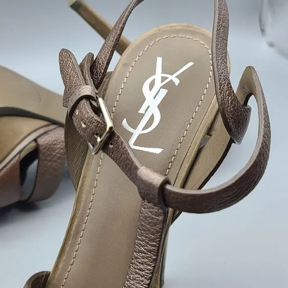 YSL Womens Tribute sandals heels bronze Leather Platform T-Strap Size 40 10
