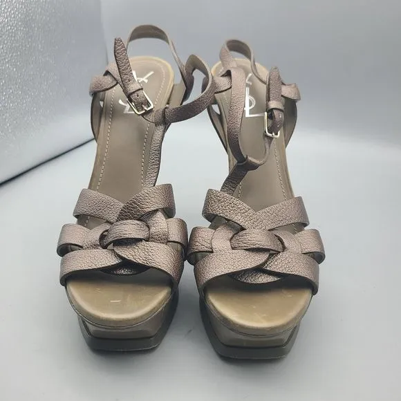YSL Womens Tribute sandals heels bronze Leather Platform T-Strap Size 40 10