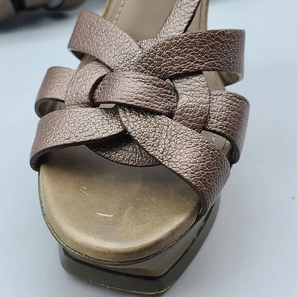 YSL Womens Tribute sandals heels bronze Leather Platform T-Strap Size 40 10