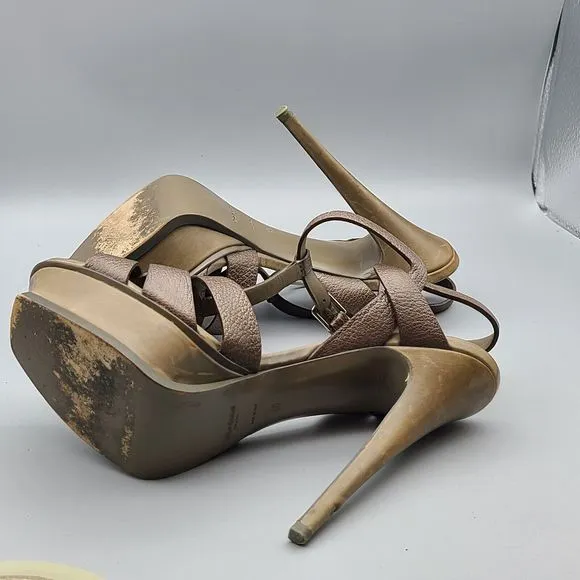 YSL Womens Tribute sandals heels bronze Leather Platform T-Strap Size 40 10