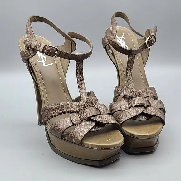 YSL Womens Tribute sandals heels bronze Leather Platform T-Strap Size 40 10