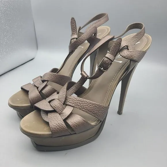 YSL Womens Tribute sandals heels bronze Leather Platform T-Strap Size 40 10