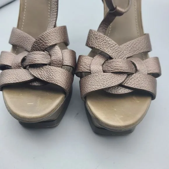 YSL Womens Tribute sandals heels bronze Leather Platform T-Strap Size 40 10