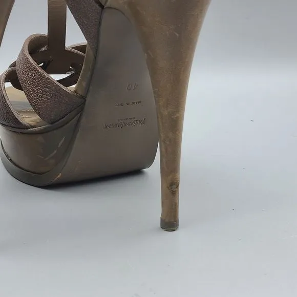 YSL Womens Tribute sandals heels bronze Leather Platform T-Strap Size 40 10