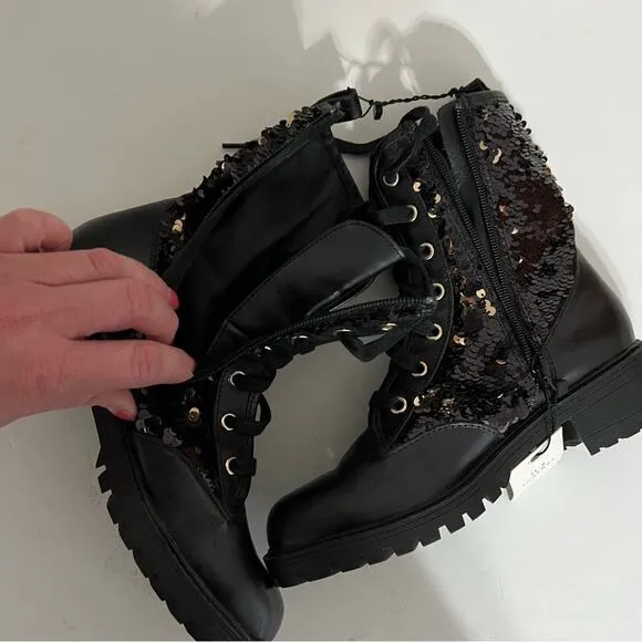 Zara Black Leather Sequined Lace Up Boots Size 6