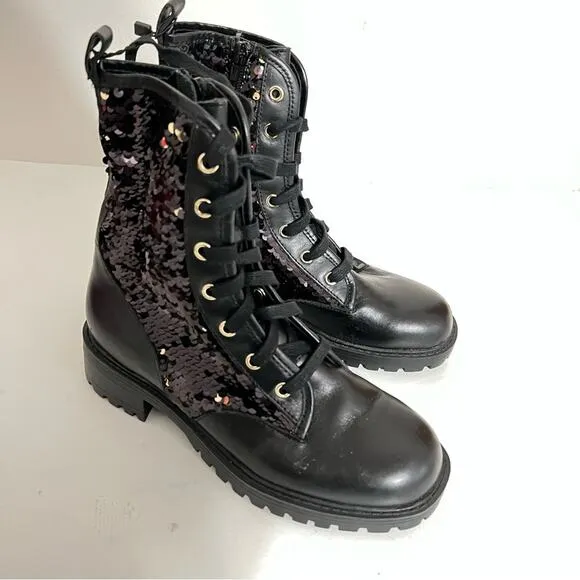 Zara Black Leather Sequined Lace Up Boots Size 6