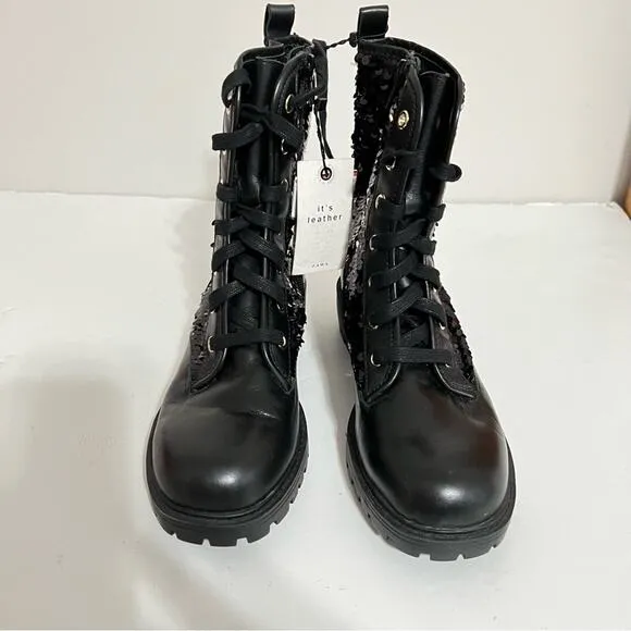 Zara Black Leather Sequined Lace Up Boots Size 6