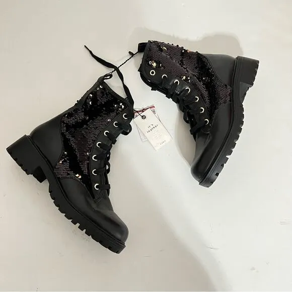Zara Black Leather Sequined Lace Up Boots Size 6
