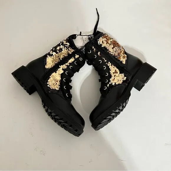 Zara Black Leather Sequined Lace Up Boots Size 6