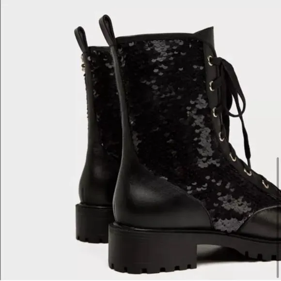 Zara Black Leather Sequined Lace Up Boots Size 6