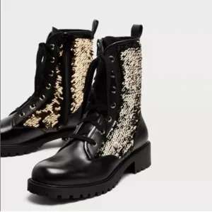 Zara Black Leather Sequined Lace Up Boots Size 6