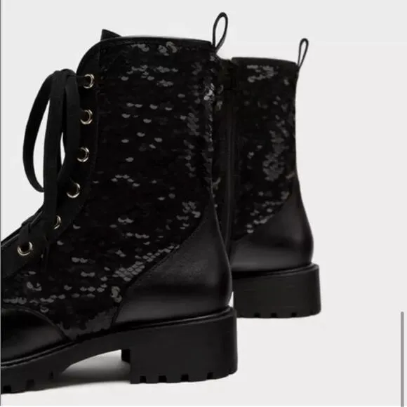 Zara Black Leather Sequined Lace Up Boots Size 6