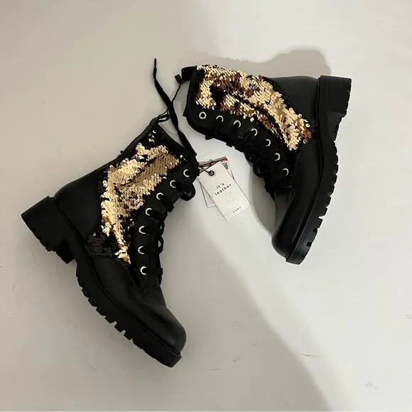 Zara Black Leather Sequined Lace Up Boots Size 6