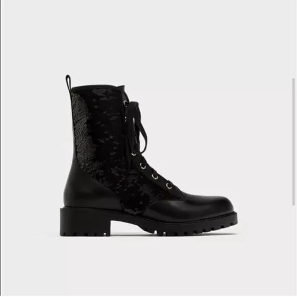 Zara Black Leather Sequined Lace Up Boots Size 6