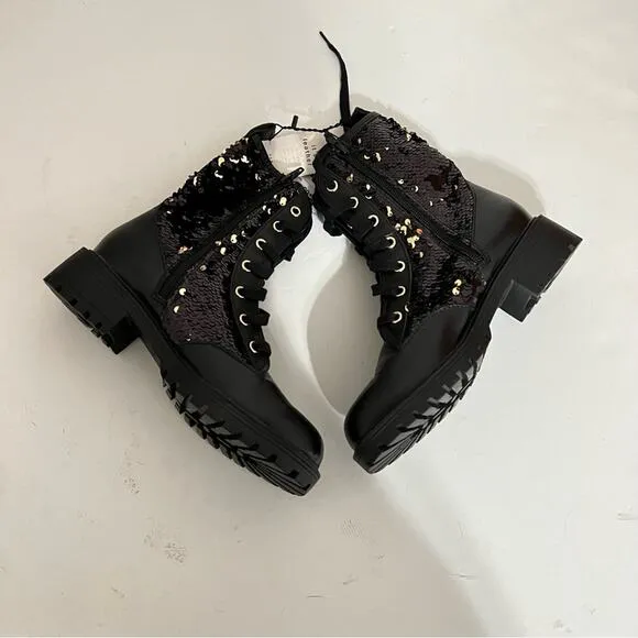 Zara Black Leather Sequined Lace Up Boots Size 6