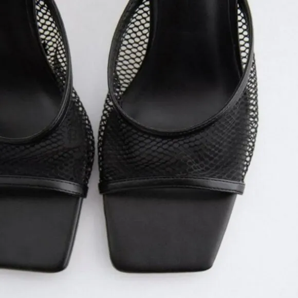 Zara Mesh Heeled Slides - Stylish Black Open-Toe Mules Size 42