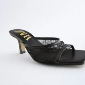 Zara Mesh Heeled Slides - Stylish Black Open-Toe Mules Size 42