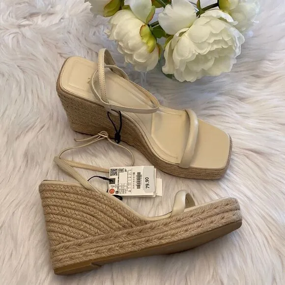 Zara Off White Crème Leather Strap Wedge Sandals Shoes Size 11