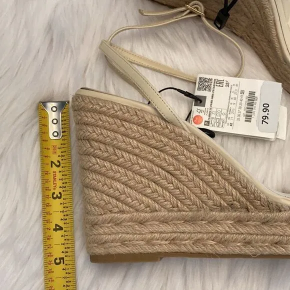 Zara Off White Crème Leather Strap Wedge Sandals Shoes Size 11