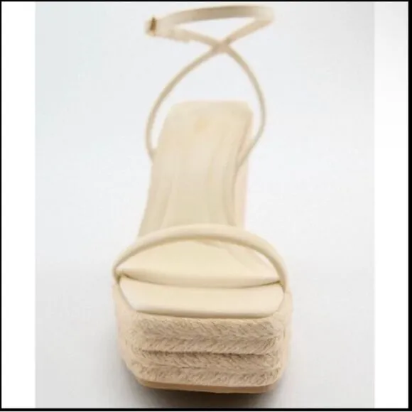 Zara Off White Crème Leather Strap Wedge Sandals Shoes Size 11