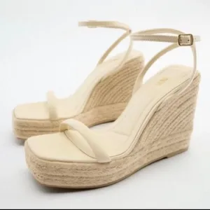 Zara Off White Crème Leather Strap Wedge Sandals Shoes Size 11