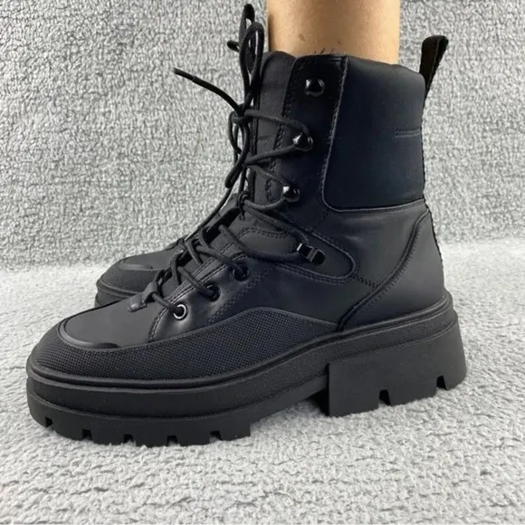 ZARA CHUNKY Ankle Womens 9 Boots Black Combat Shoes Lace‎ Up Platform Wedge