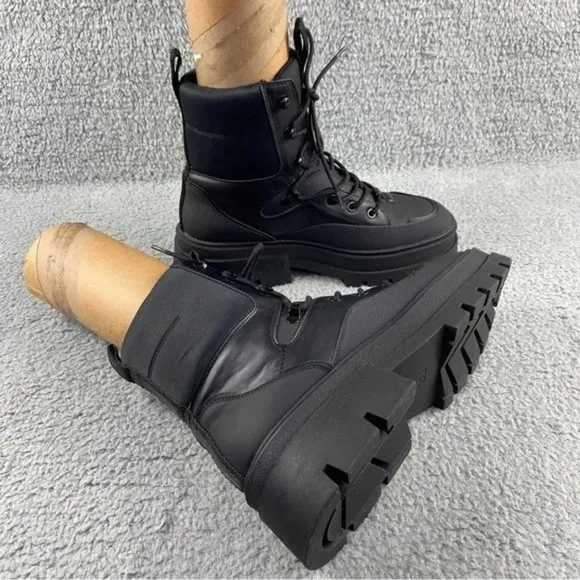ZARA CHUNKY Ankle Womens 9 Boots Black Combat Shoes Lace‎ Up Platform Wedge